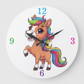 Cute Brown Pony Rainbow Mane Kids Nursery Round Cl Large Clock