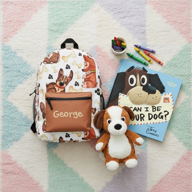 CUTE BROWN PUPPIES DOGS BONES PATTERN CUSTOM NAME PRINTED BACKPACK (Creator Uploaded)
