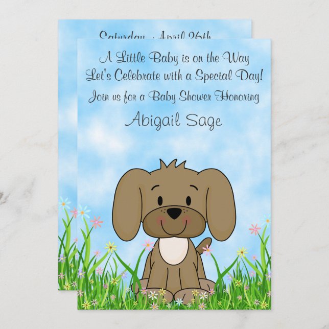 Cute Brown Puppy Dog n Flowers Baby Shower Invite (Front/Back)