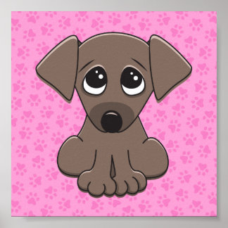 Cute brown puppy dog on pink paw print background