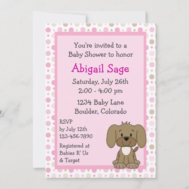 Cute Brown Puppy Dog Pink Girls Baby Shower Invitation (Front)