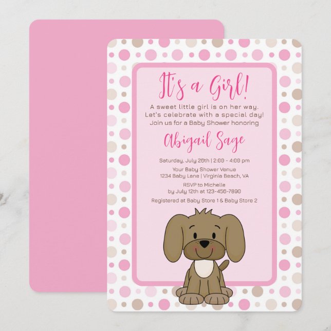 Cute Brown Puppy Dog Pink Polka Dot Baby Shower Invitation (Front/Back)