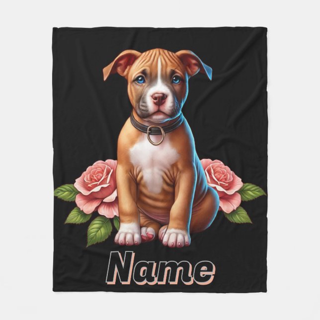 Cute Brown Puppy with Roses Fleece Blanket (Front)