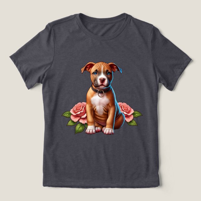 Cute Brown Puppy with Roses Tri-Blend Shirt (Design Front)