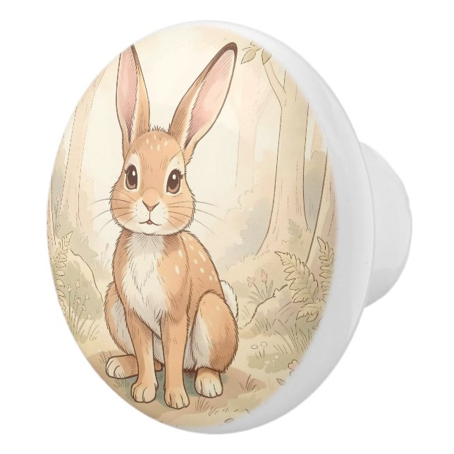 Cute brown rabbit in a forest ceramic knob (Right)