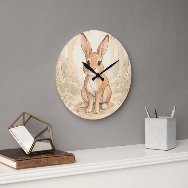 Cute brown rabbit in a forest large clock (Office)