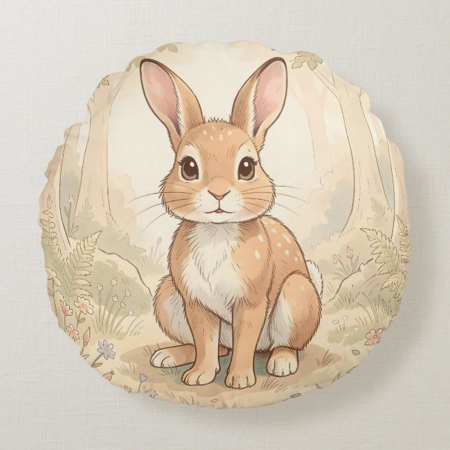 Cute brown rabbit in a forest round cushion (Front)