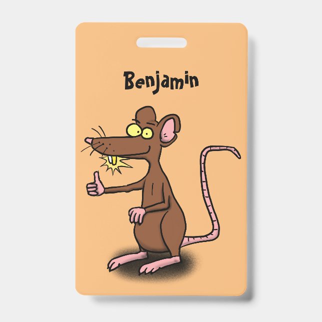 Cute brown rat thumbs up cartoon ID badge (Front)