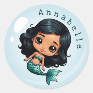 Cute Brown-skinned Mermaid in a Bubble Personalise Classic Round Sticker