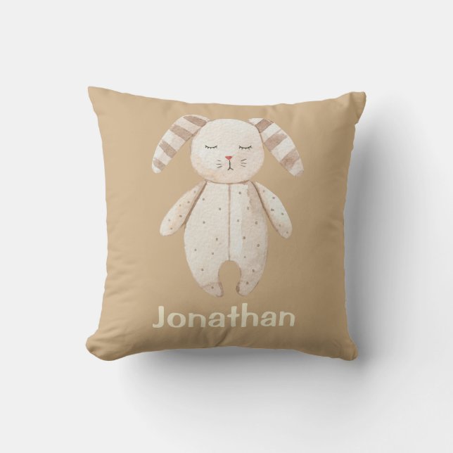 Cute Brown Sleepy Bunny Name Nursery Cushion (Front)