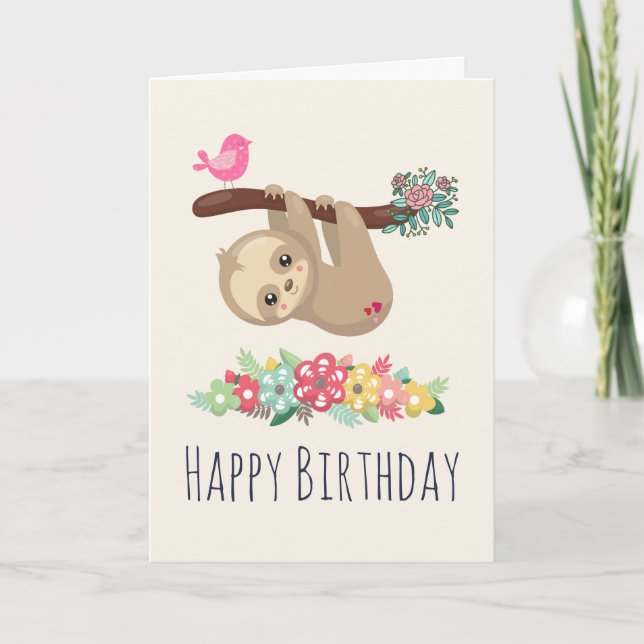 Cute Brown Sloth Hanging Upside down Birthday Card (Front)