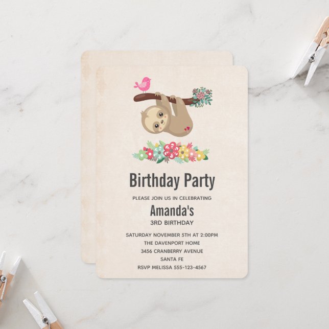 Cute Brown Sloth Hanging Upside Down Birthday Invitation (Front/Back In Situ)