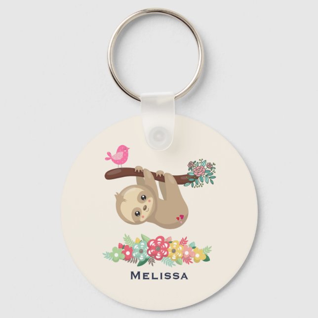 Cute Brown Sloth Hanging Upside down Key Ring (Front)