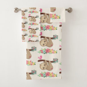 Cute Brown Sloth Hanging Upside down Pattern Bath Towel Set