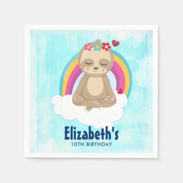 Cute Brown Sloth Meditating on a Cloud Birthday Napkin (Front)