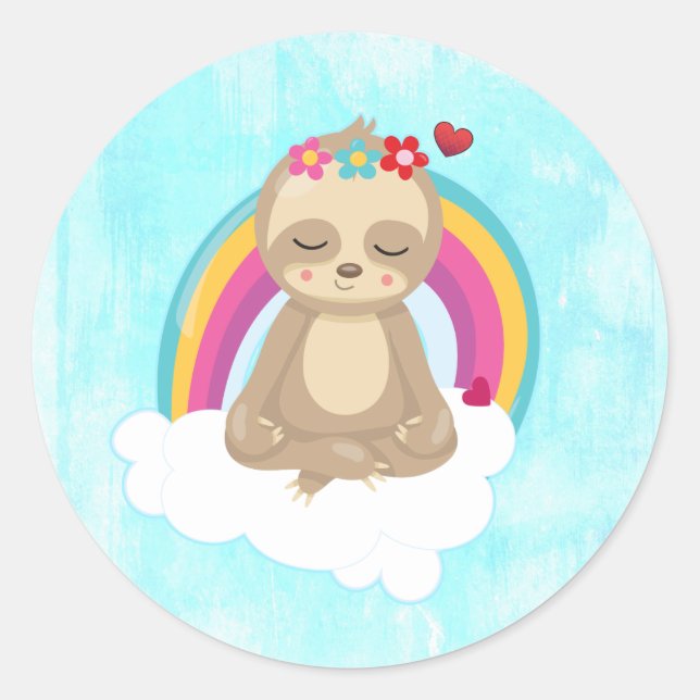 Cute Brown Sloth, Meditating on a Cloud Classic Round Sticker (Front)