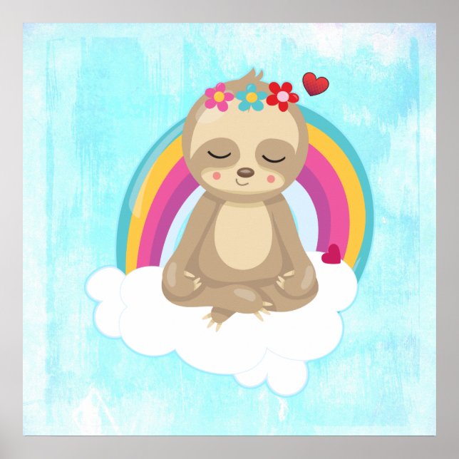 Cute Brown Sloth, Meditating on a Cloud Poster (Front)
