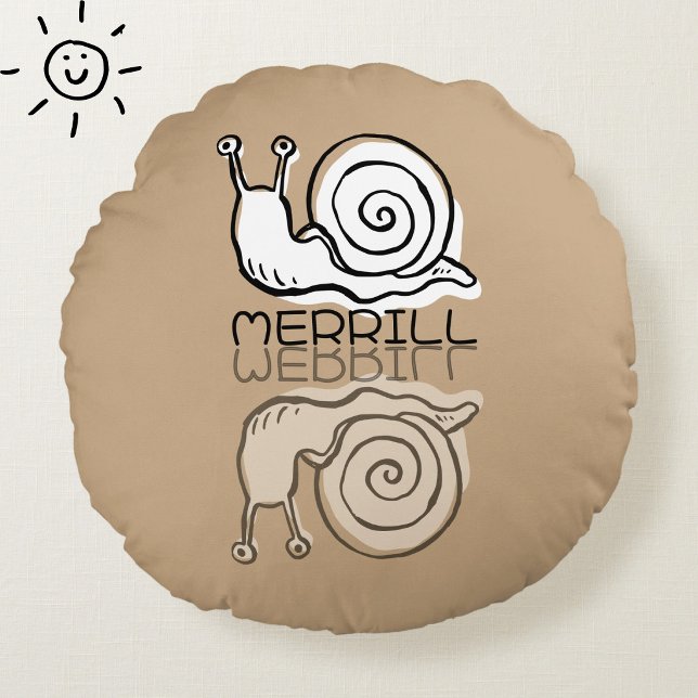 Cute Brown Snail Reflection Doodle Custom Name  Round Cushion (Creator Uploaded)