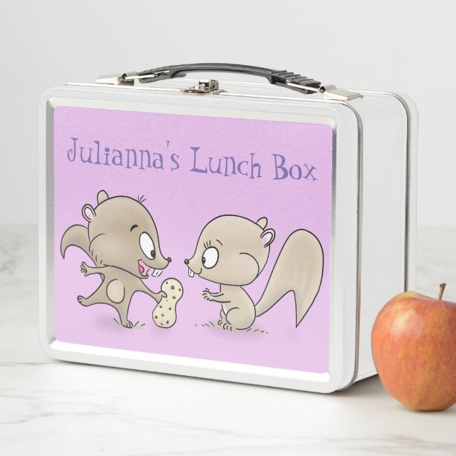 Cute brown squirrels sharing a peanut cartoon metal lunch box (In Situ)