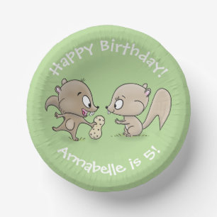 Cute brown squirrels sharing a peanut cartoon paper plate