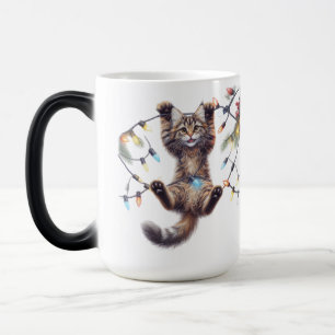 CUTE BROWN TABBY CAT HANGING FROM LIGHTS MAGIC MUG