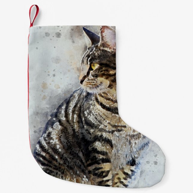 Cute Brown Tabby Watercolor Art Small Christmas Stocking (Front)