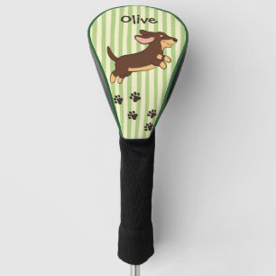 Cute Brown Tan Dachshund Dog Green Stripes Golf Head Cover