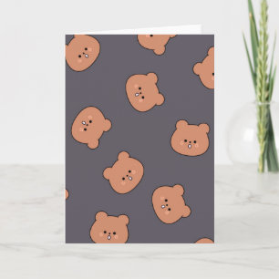 Cute Brown Teddy Bear Face Pattern Dark Blue Card