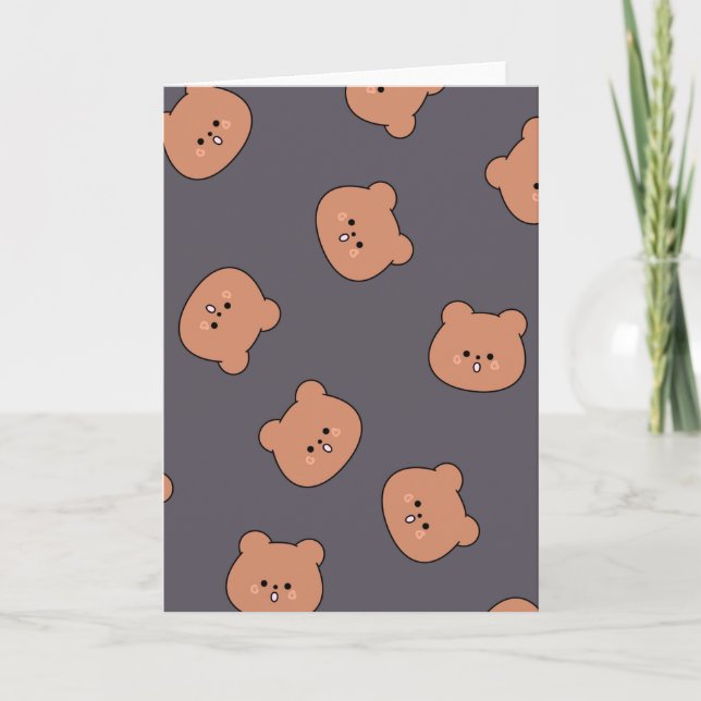 Cute Brown Teddy Bear Face Pattern Dark Blue Card (Front)