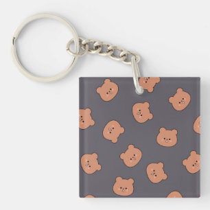 Cute Brown Teddy Bear Face Pattern Dark Blue Key Ring