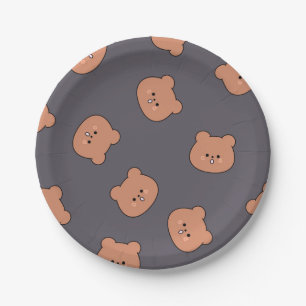 Cute Brown Teddy Bear Face Pattern Dark Blue Paper Plate