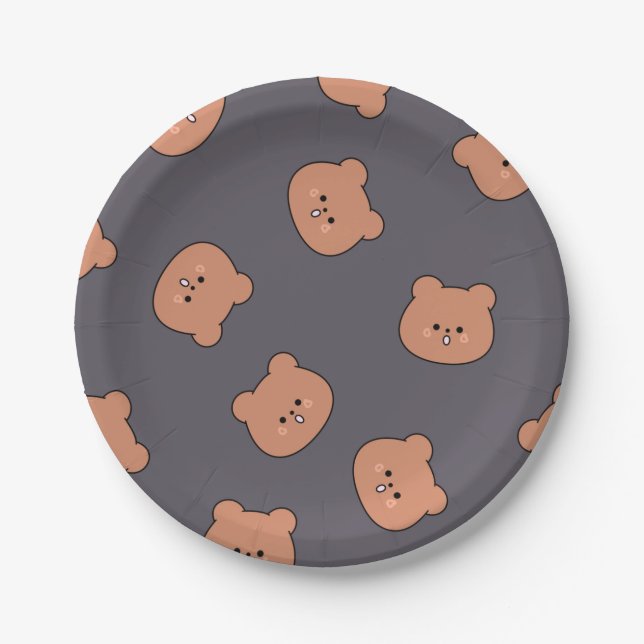 Cute Brown Teddy Bear Face Pattern Dark Blue Paper Plate (Front)