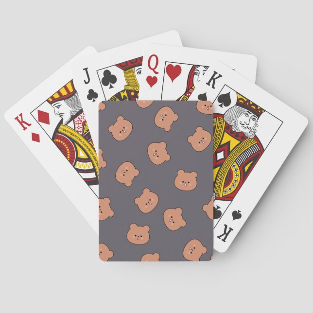 Cute Brown Teddy Bear Face Pattern Dark Blue Playing Cards (Back)