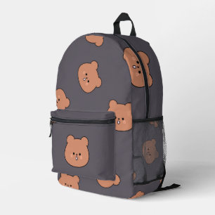 Cute Brown Teddy Bear Face Pattern Dark Blue Printed Backpack
