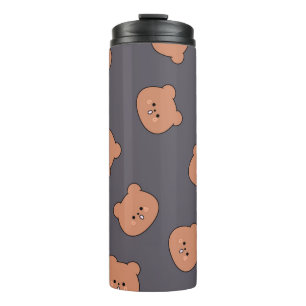 Cute Brown Teddy Bear Face Pattern Dark Blue Thermal Tumbler