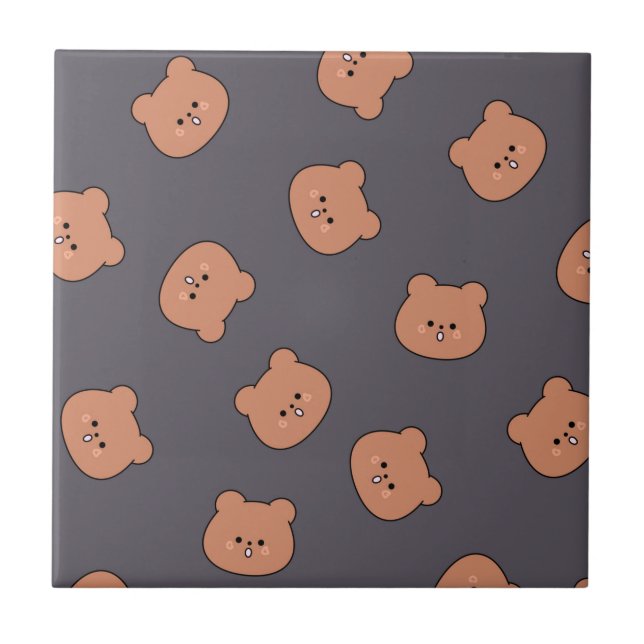Cute Brown Teddy Bear Face Pattern Dark Blue Tile (Front)