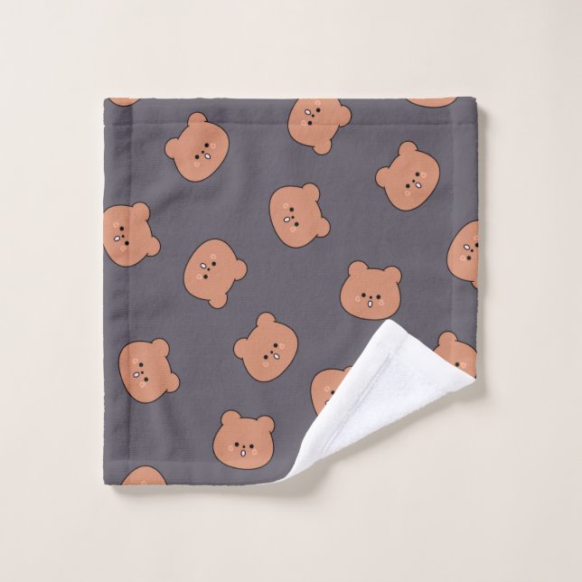 Cute Brown Teddy Bear Face Pattern Dark Blue Wash Cloth (Wash Cloth)