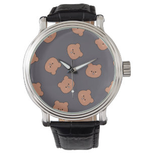 Cute Brown Teddy Bear Face Pattern Dark Blue Watch