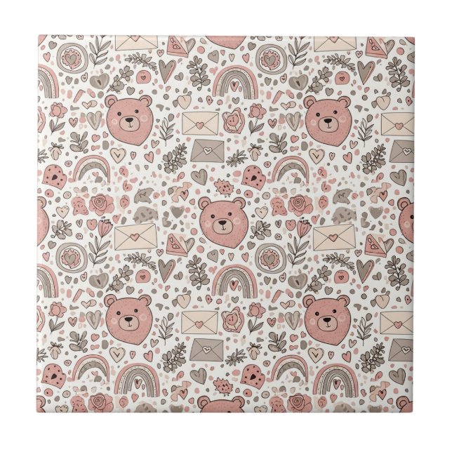 Cute Brown Teddy Bear Rainbow Nursery Tile (Front)