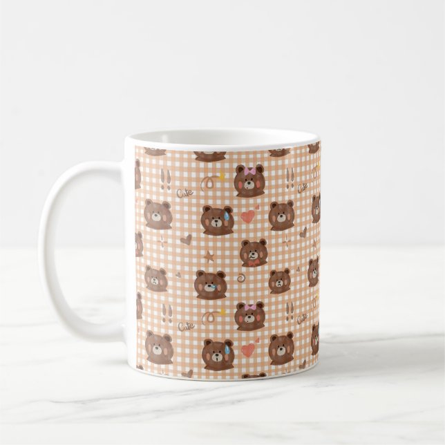 Cute Brown Teddy Bear Seamless Pattern with Hearts Coffee Mug (Left)