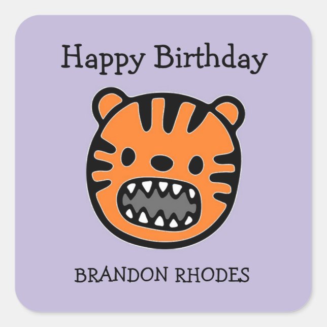 Cute brown tiger face purple square sticker (Front)