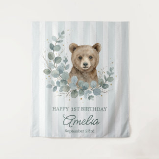 Cute Brown Watercolor Bear Birthday Tapestry
