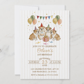 Cute Brown Watercolor Bulldogs Birthday Invitation