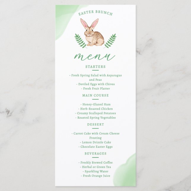 Cute Brown Watercolor Bunny And Greenery Easter Menu (Front)