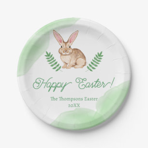 Cute Brown Watercolor Bunny With Greenery Easter Paper Plate