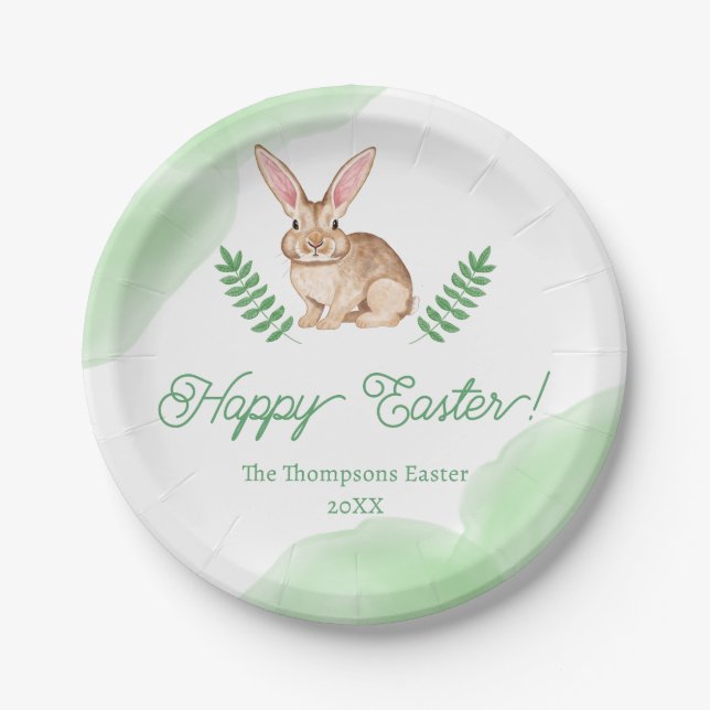 Cute Brown Watercolor Bunny With Greenery Easter Paper Plate (Front)