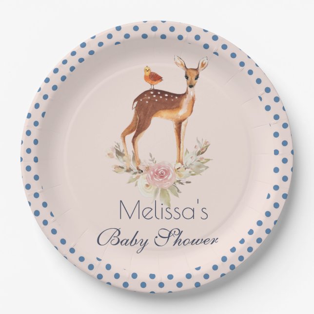 Cute Brown Watercolor Deer Rustic Baby Shower Paper Plate (Front)