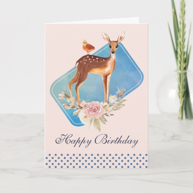 Cute Brown Watercolor Deer Rustic Birthday Card (Front)