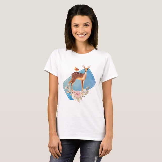 Cute Brown Watercolor Deer Rustic Elegance T-Shirt (Front Full)