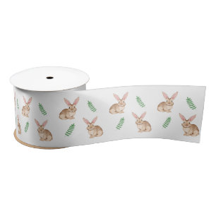 Cute Brown Watercolor Easter Bunny And Greenery Satin Ribbon